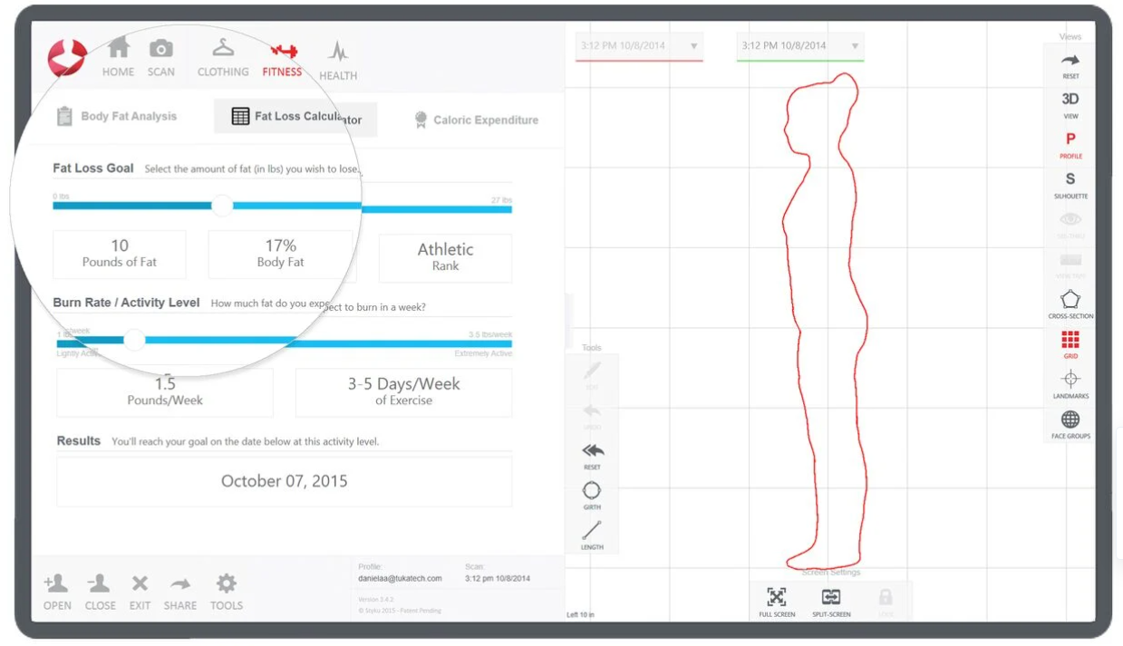 Photographie d'un scanner 3D Styku en action, capturant des mesures corporelles précises d'un utilisateur pour une analyse détaillée de la santé et de la forme physique.