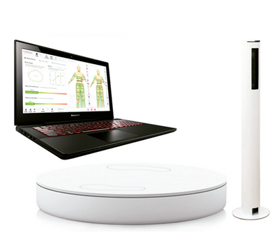  Scanner 3D Styku en action, capturant des mesures corporelles précises d'un utilisateur pour une analyse détaillée de la santé et de la forme physique.