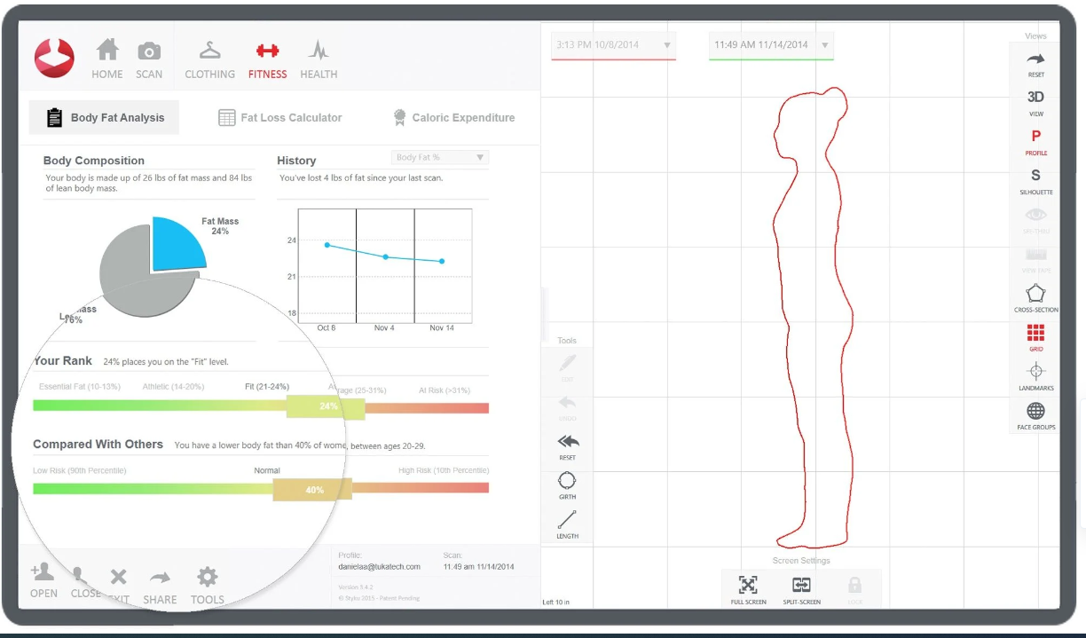 Scanner 3D Styku en action, capturant des mesures corporelles précises d'un utilisateur pour une analyse détaillée de la santé et de la forme physique.