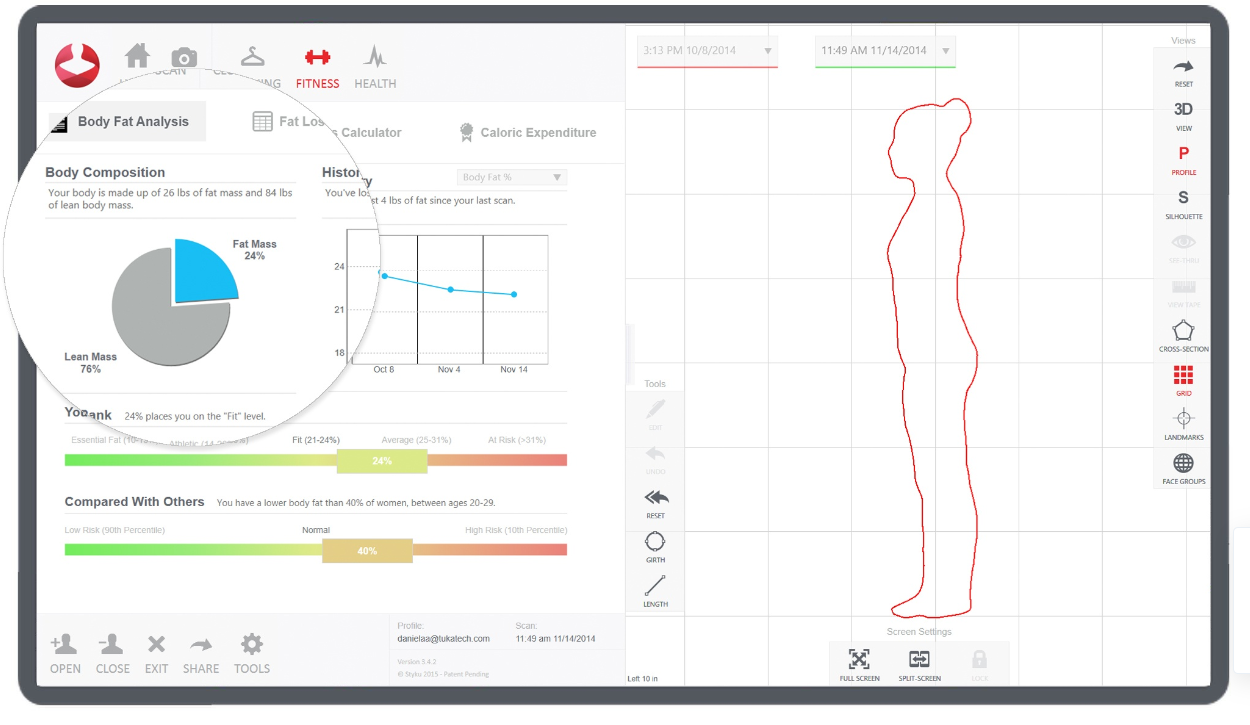 Photographie d'un scanner 3D Styku en action, capturant des mesures corporelles précises d'un utilisateur pour une analyse détaillée de la santé et de la forme physique.