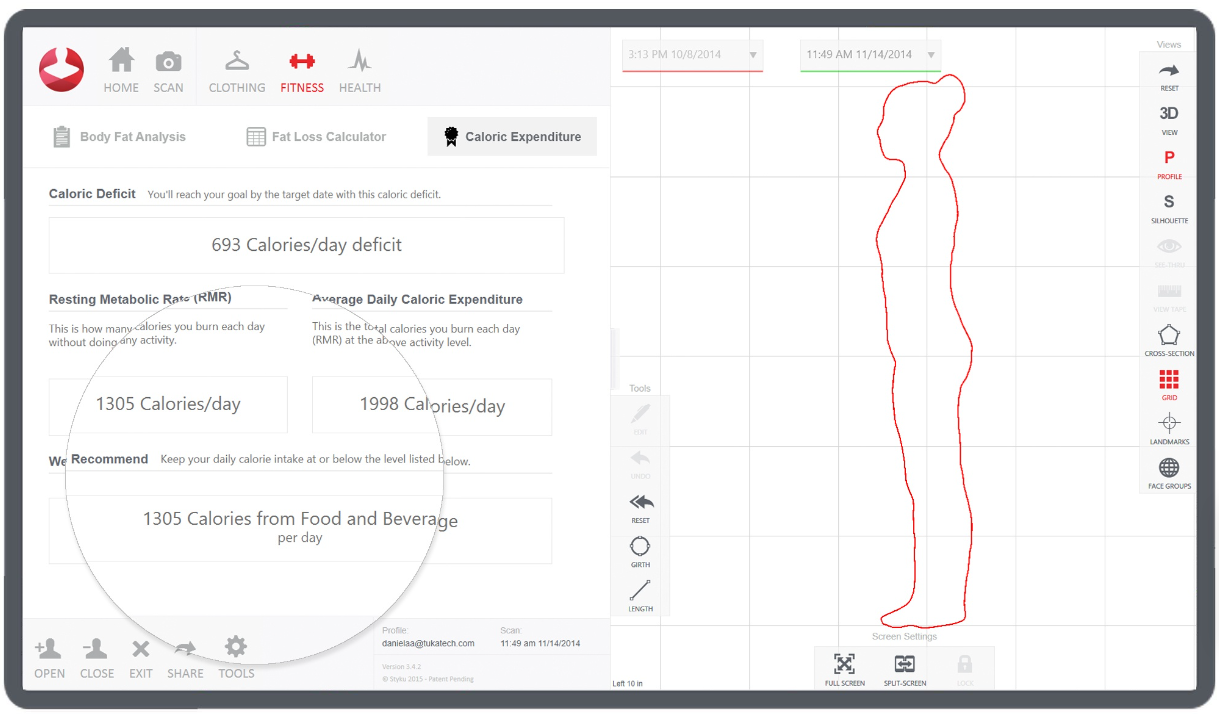Scanner 3D Styku en action, capturant des mesures corporelles précises d'un utilisateur pour une analyse détaillée de la santé et de la forme physique.